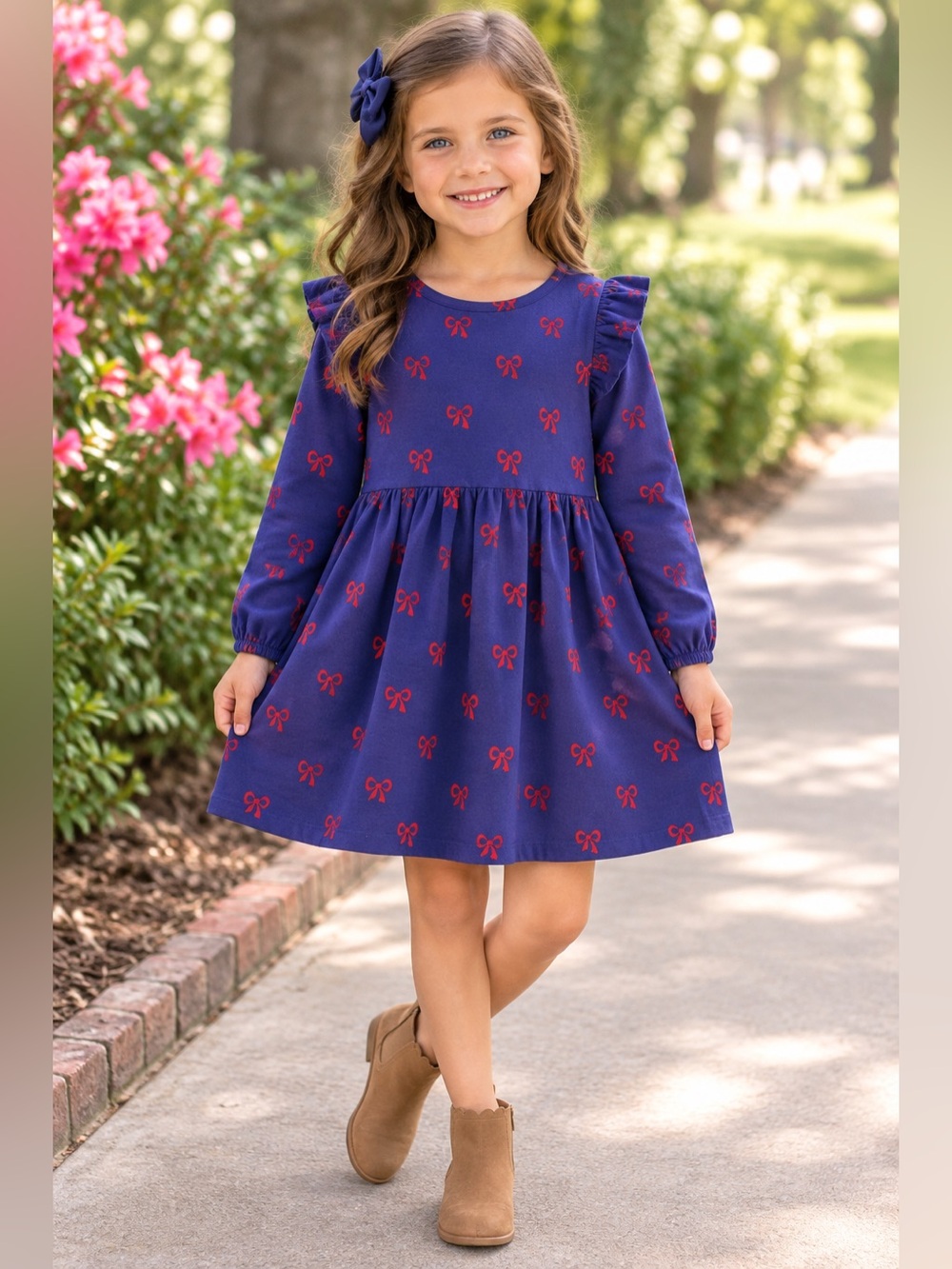 Mini Boden Long Sleeve Jersey Dress Blue with Red Bows Girls Size 5-6 NWT